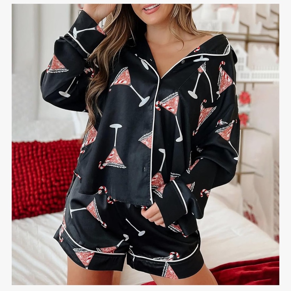 Cocktail Print Pajama Set‎ PJs women’s Size Medium